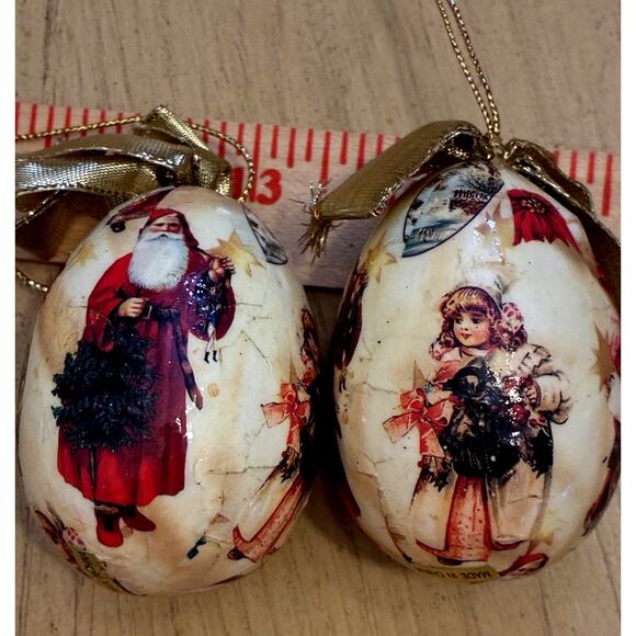 2 Vintage Paper Mache Decoupage Victorian Egg Christmas Ornaments Santa Girls - Picture 1 of 5